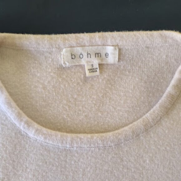 BOHME | Beige Short Sleeve Sweater Knit Top Varsity-Style Stripe Trim Shirt S - Picture 6 of 10